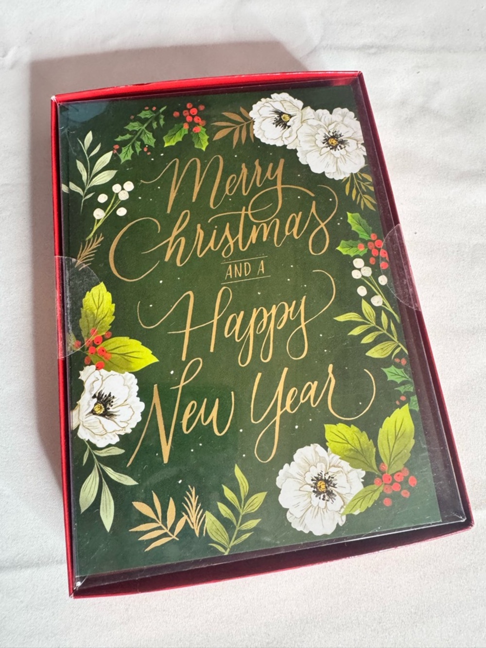 Leanin Tree Boxed Christmas Cards Floral Green Gold Happy New Year